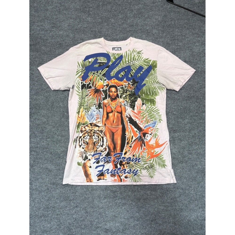 Play Cloths Mens‎ Far From Fantasy Graphic T-Shirt Pink Tropical Tiger Size M